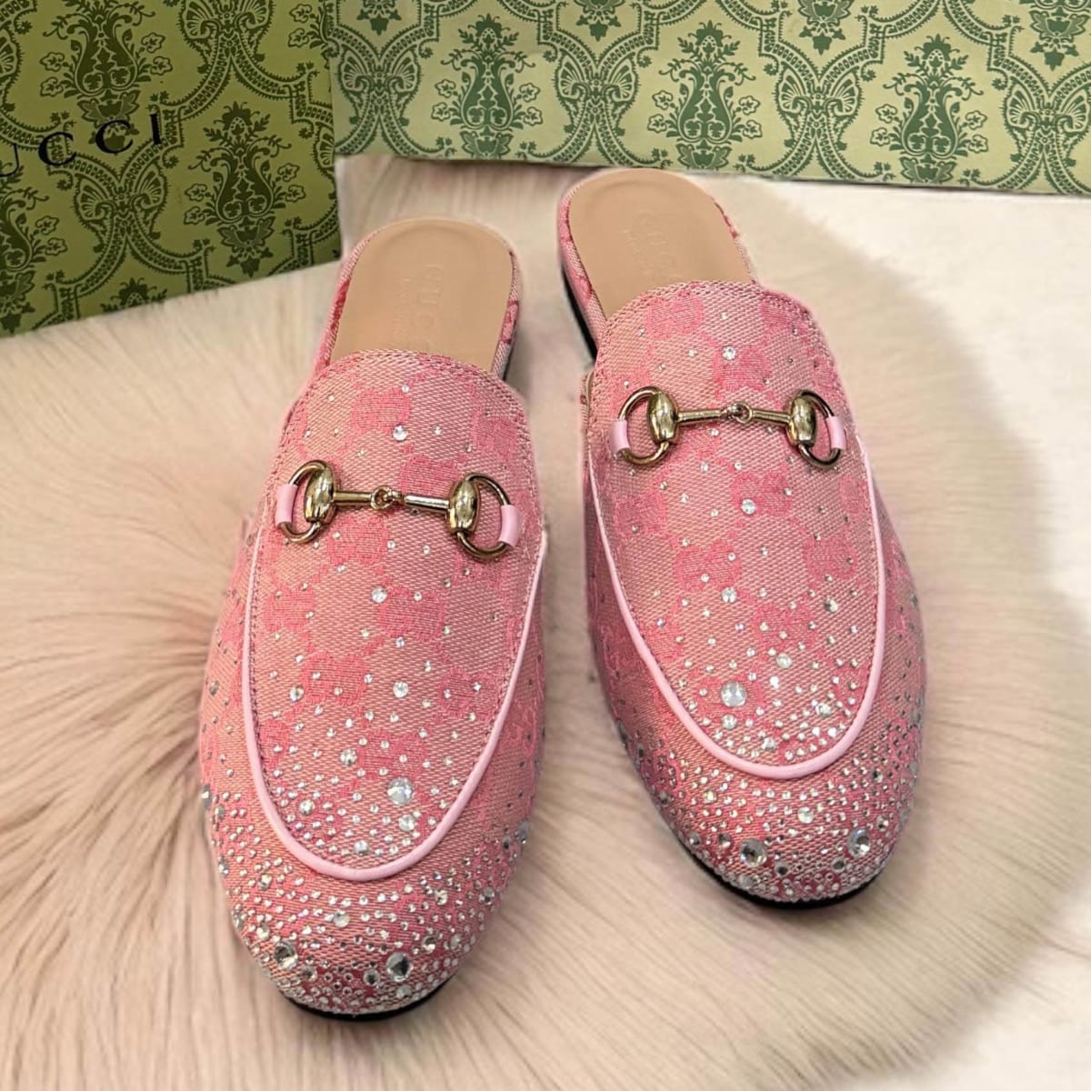 Gucci GG Women's Princetown Pink Flat Sandals with Crystal Horsebit-0
