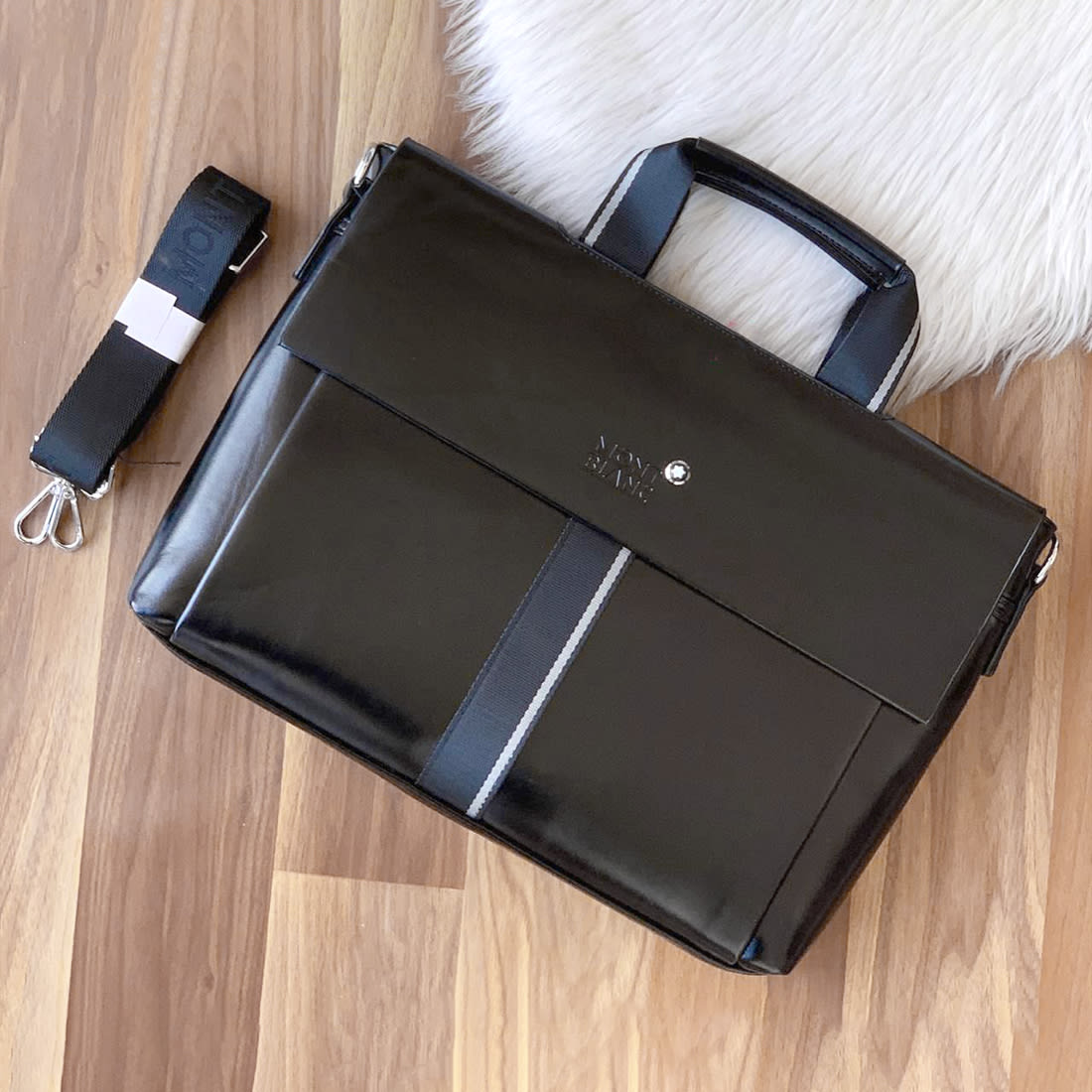 Mont Blanc Black Leather Laptop Bag-0