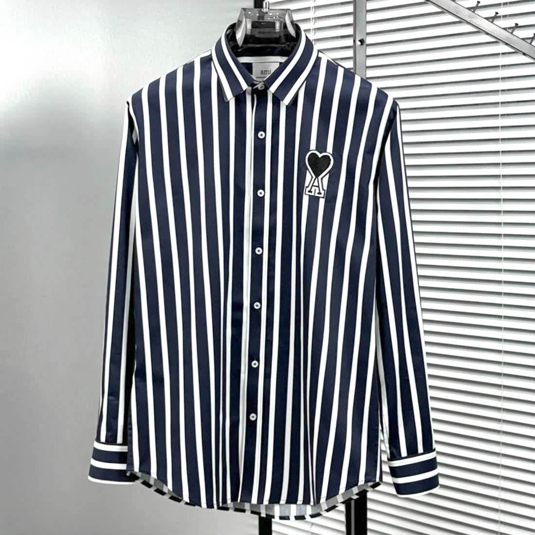 Ami Paris Heart Logo Blue Striped Shirt-0
