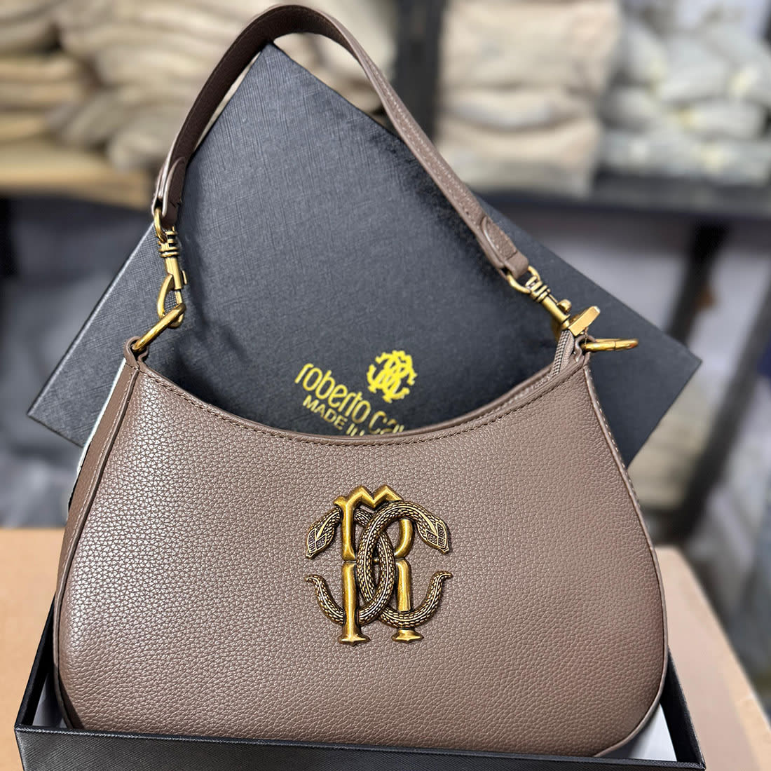 Roberto Cavalli Vintage RC Oxidised Logo Beige Shoulder Bag-0