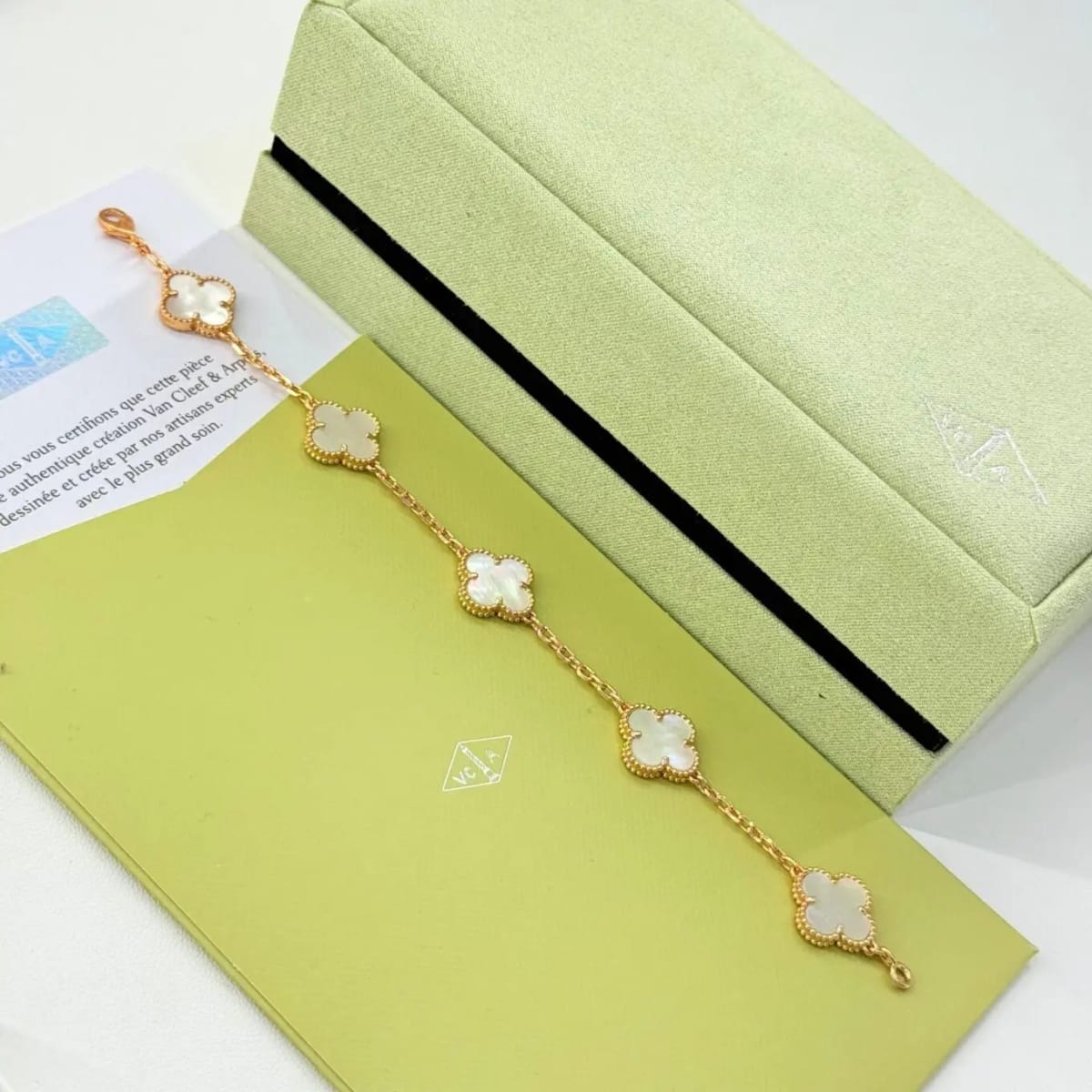 Van Cleef Alhambra White Stone Clover Gold Color Bracelet-0