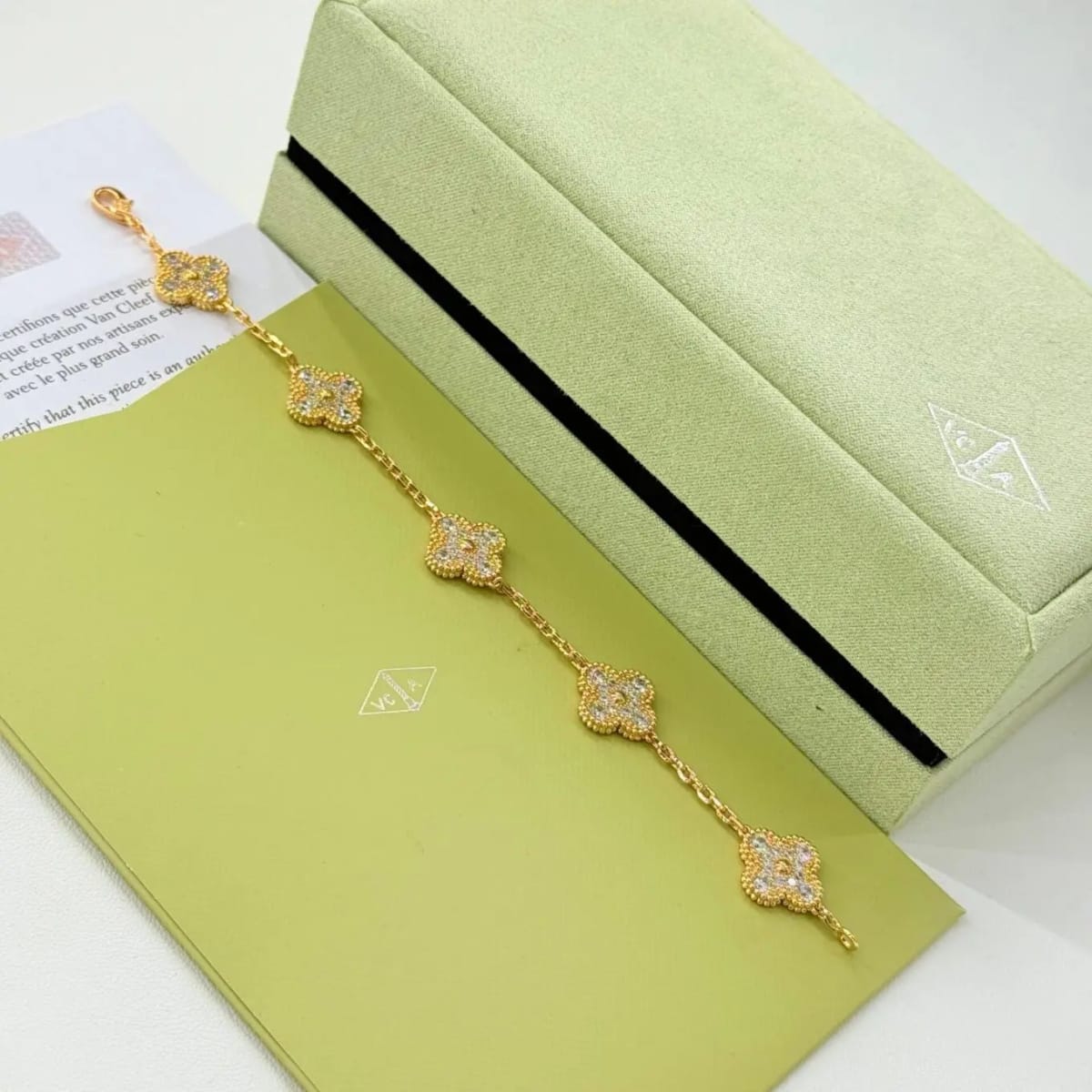 Van Cleef Alhambra Silver Stone Clover Gold Color Bracelet-0
