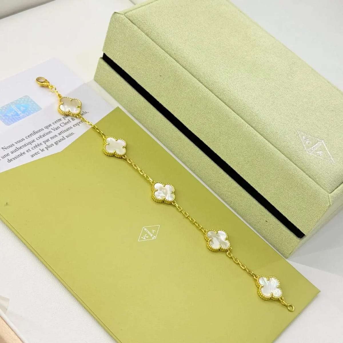 Van Cleef Alhambra White Stone Clover Gold Color Bracelet-0