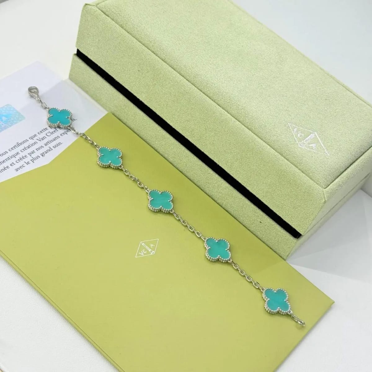 Van Cleef Alhambra Blue Stone Clover Gold Color Bracelet-0