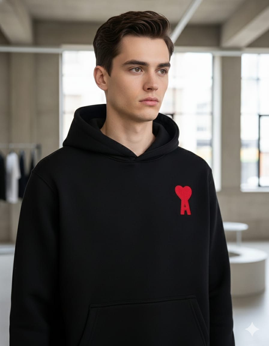 Ami Black Embroidery Logo Hoodie-2
