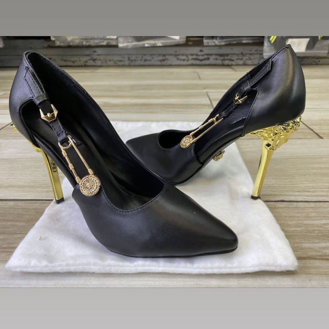 Versace Black Safety Pin Pump Heel Sandals-0