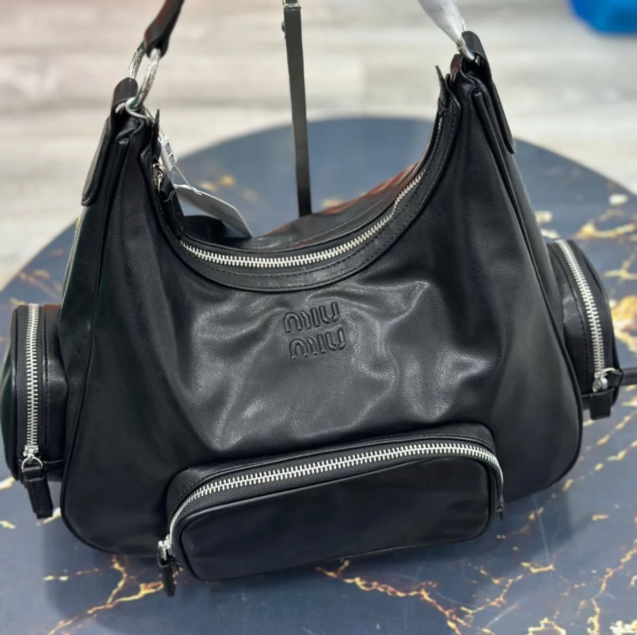 MIU MIU 00s Archive Leather Boston Bag Embossed Logo Black
