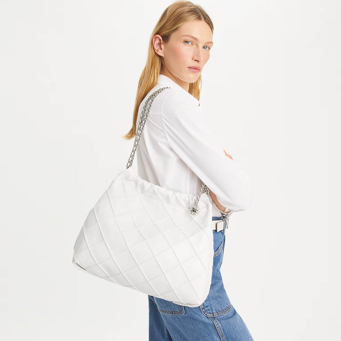 Buy Tory Burch Fleming Drawstring Leatherite White Hobo Bag Buy Tory Burch Fleming Drawstring Leatherite White Hobo Bag