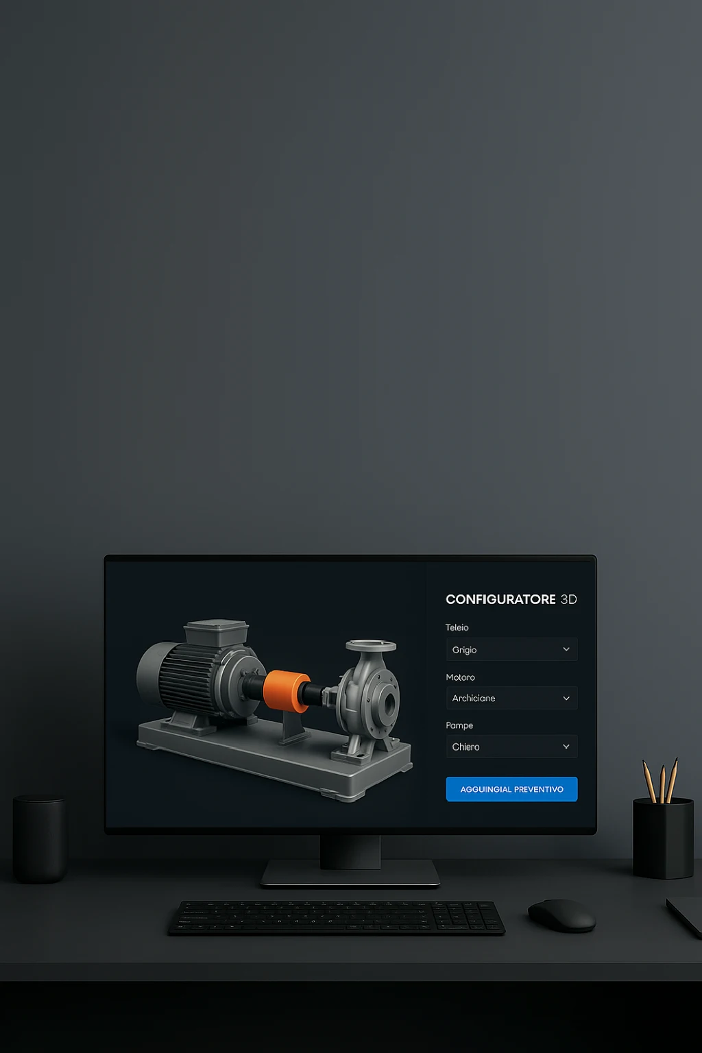 Configuratore 3D industriale con componenti e opzioni