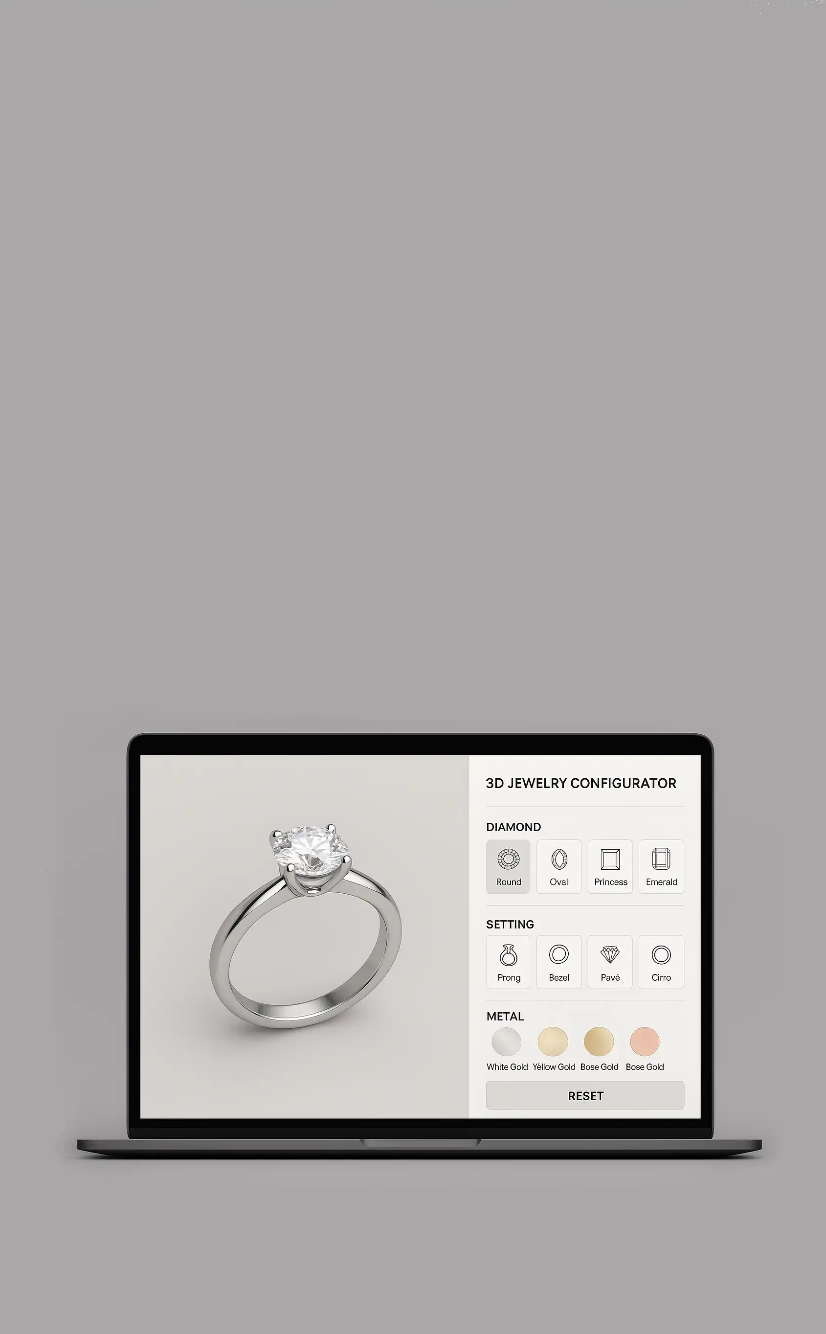 Configuratore 3D gioielli con metalli e pietre selezionabili