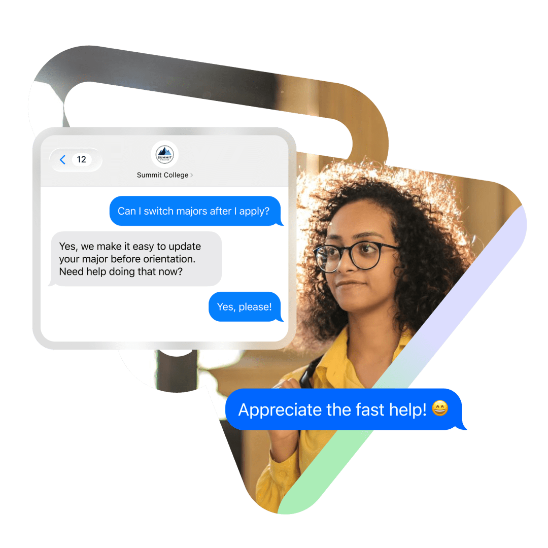 Prospective student looking at phone with a chat conversation about switching college majors and receiving quick support from admissions