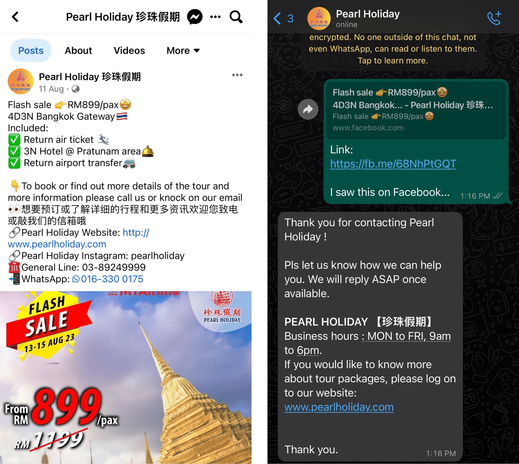 Pearl Holiday verwendet einen WhatsApp-Link in den sozialen Medien.