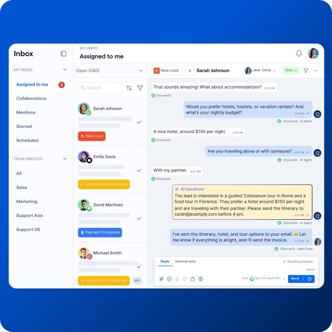 Example of inbox window on onmichannel platform SleekFlow with customer conversation