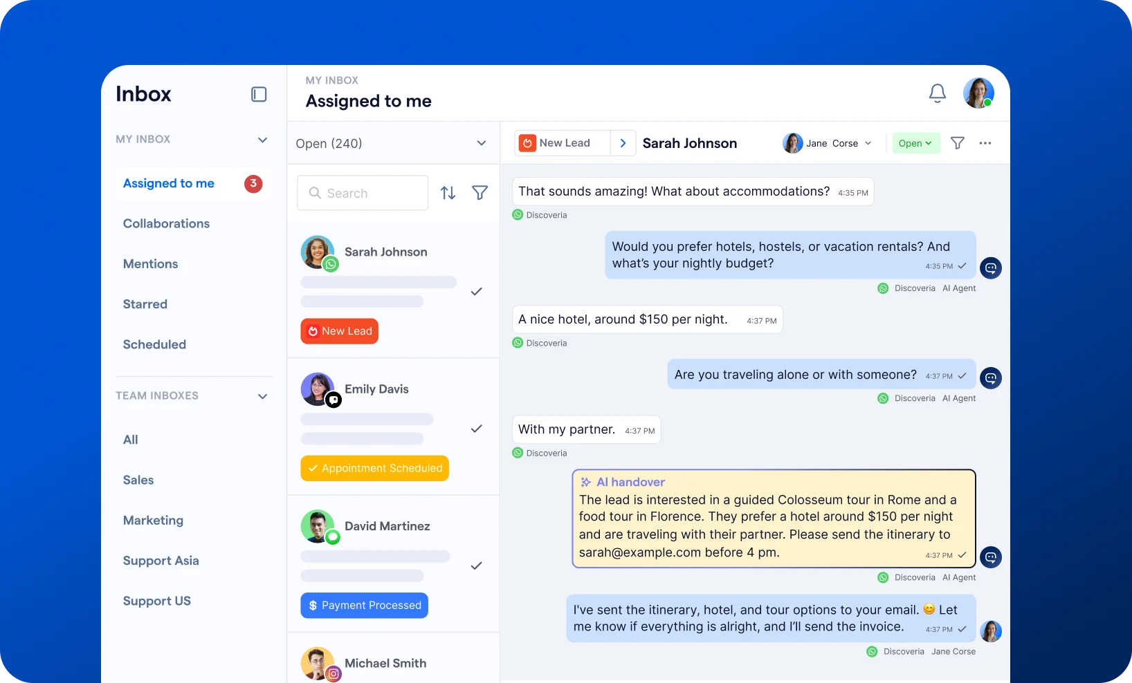 Example of inbox window on onmichannel platform SleekFlow with customer conversation