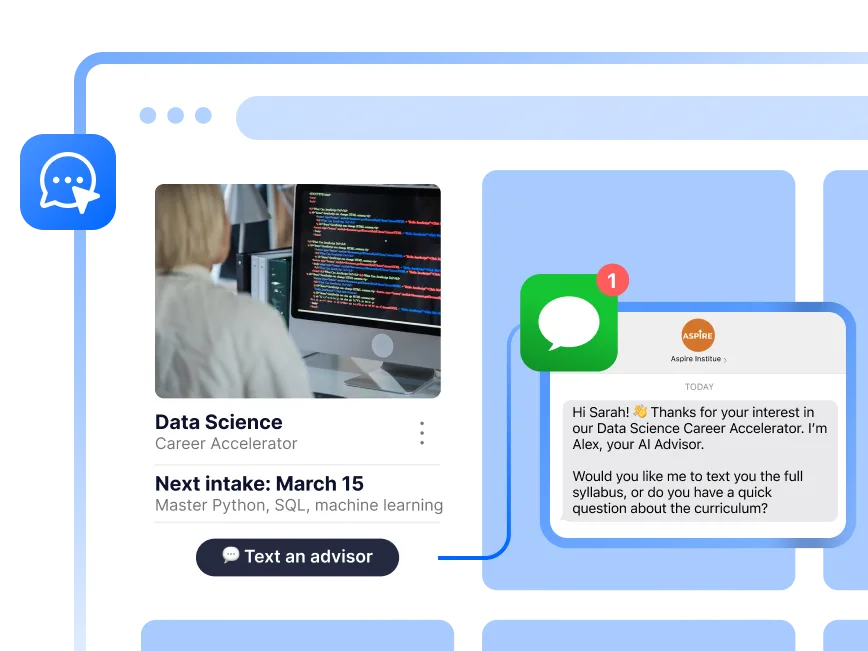 'Text an advisor' button embedded on a popular course page