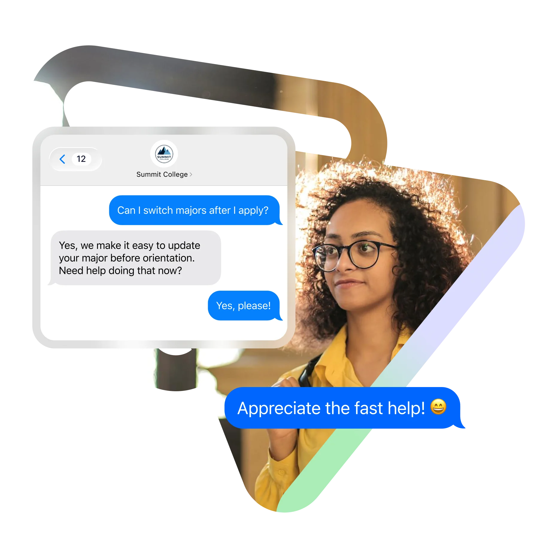 Prospective student looking at phone with a chat conversation about switching college majors and receiving quick support from admissions