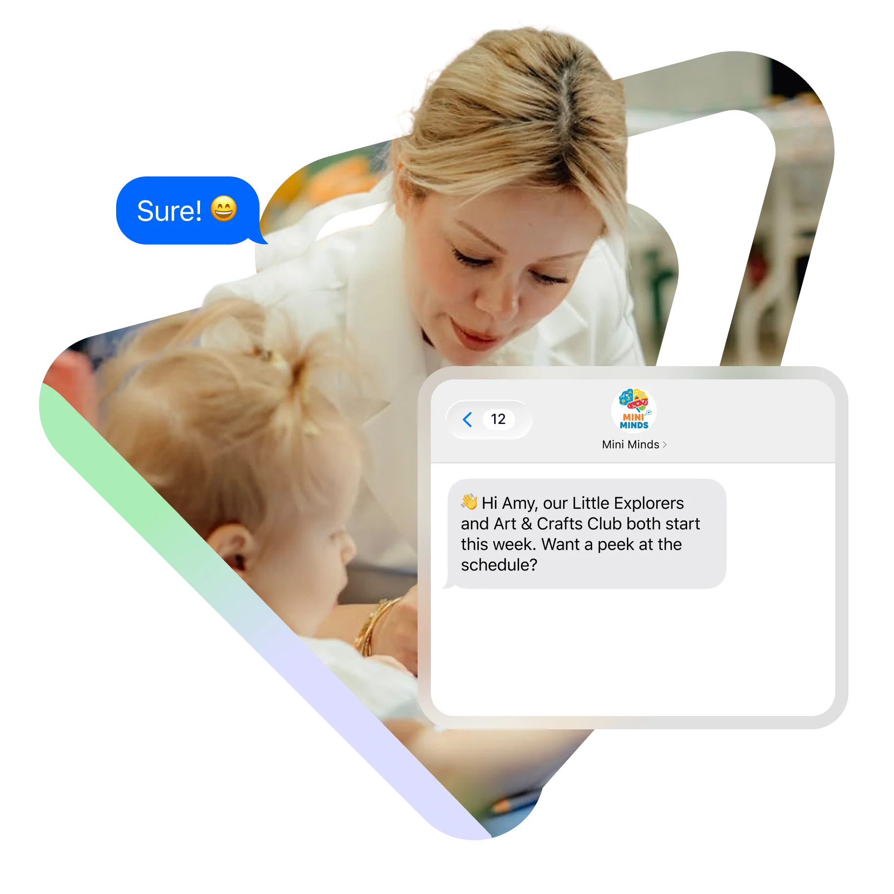 Teacher helping a young child with an activity, alongside a chat interface showing an automated message about upcoming kids’ club schedules.