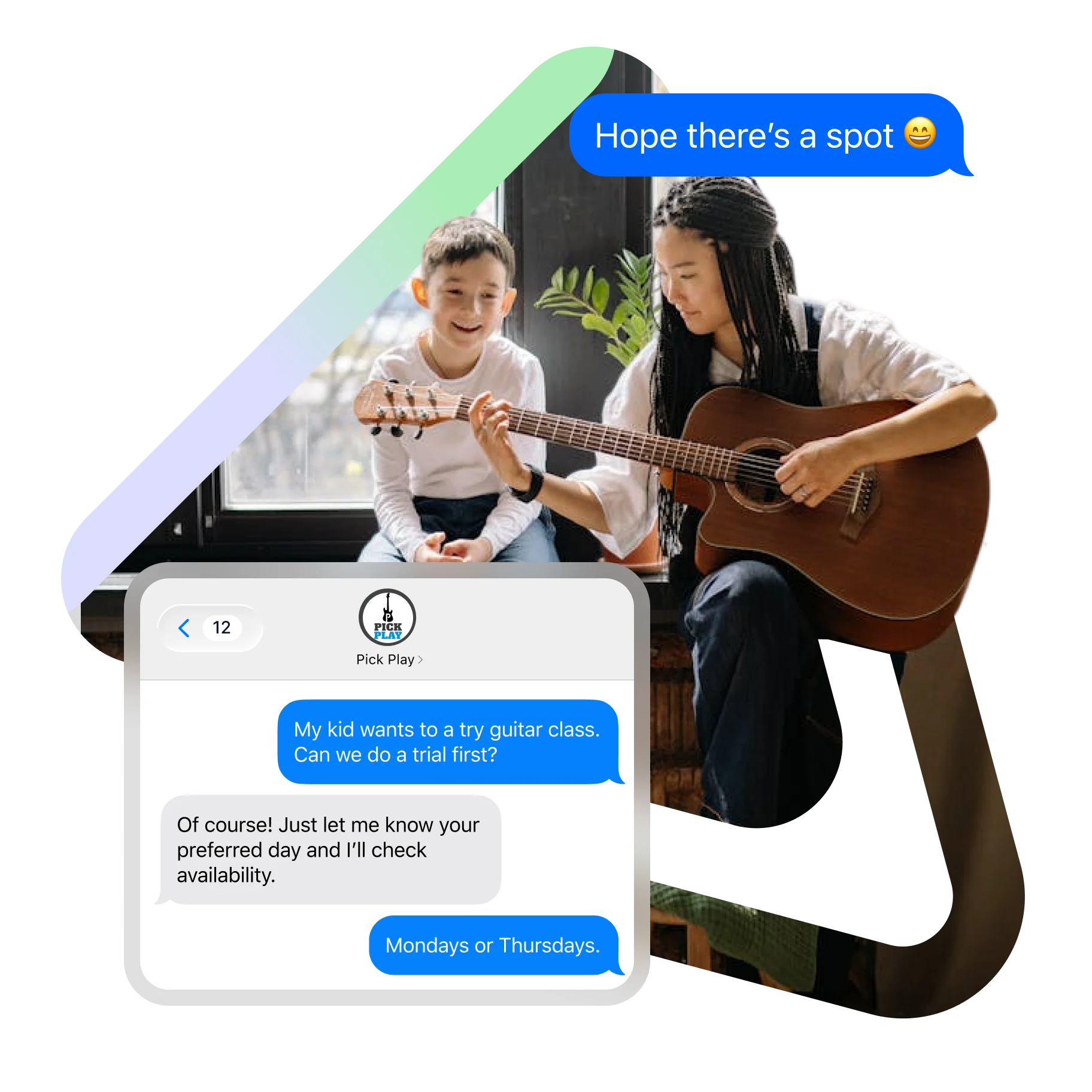 Music instructor teaching a child to play guitar, with a chat message showing a parent asking about a trial guitar class
