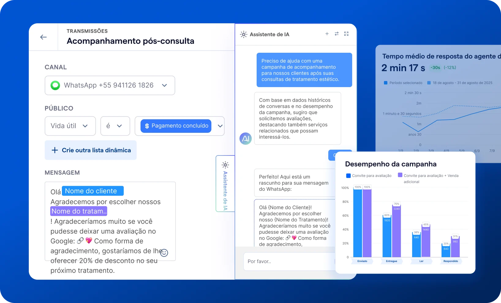 Example of AI assistant sending automated messages when triggered and showing analytics
