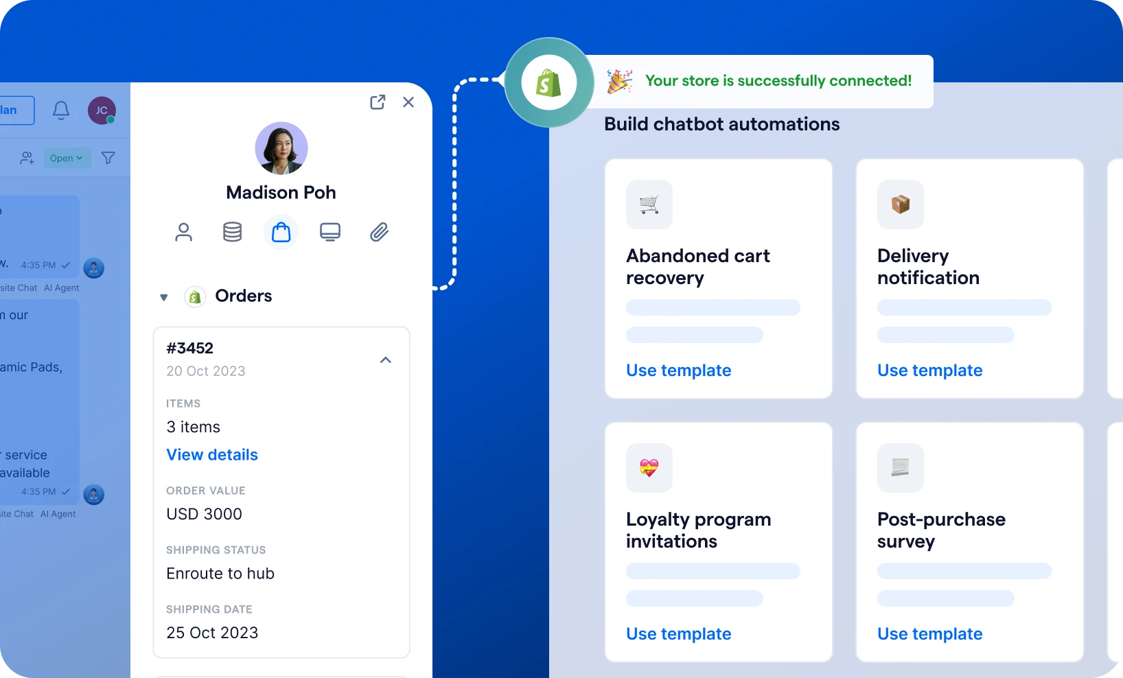 Example of customer file with details and automations available with AI agents