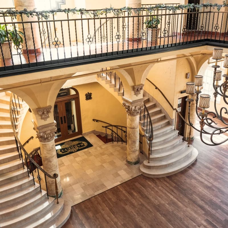 The twin curved staircases at The Barnett on Washington