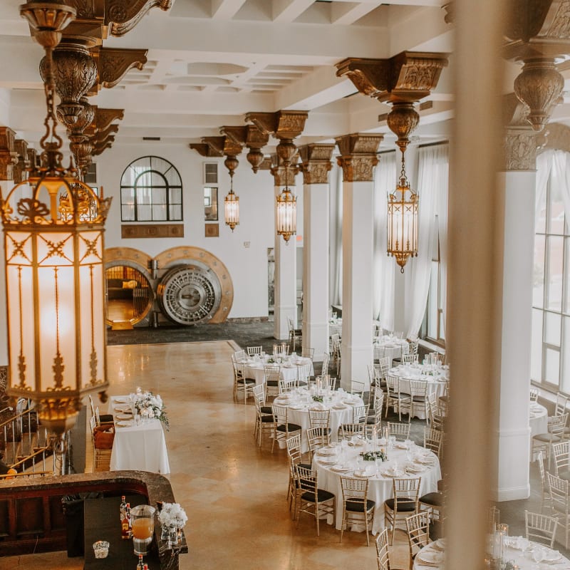 The grand hall at The Noble, with its original bank vault door