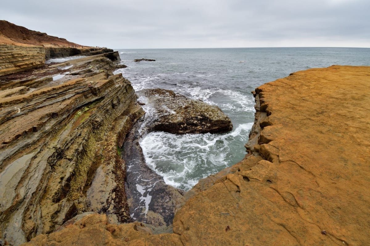 Heart-shaped tidepool nestled in sculpted coastal rocks at Cabrillo National Monument with waves crashing nearby
