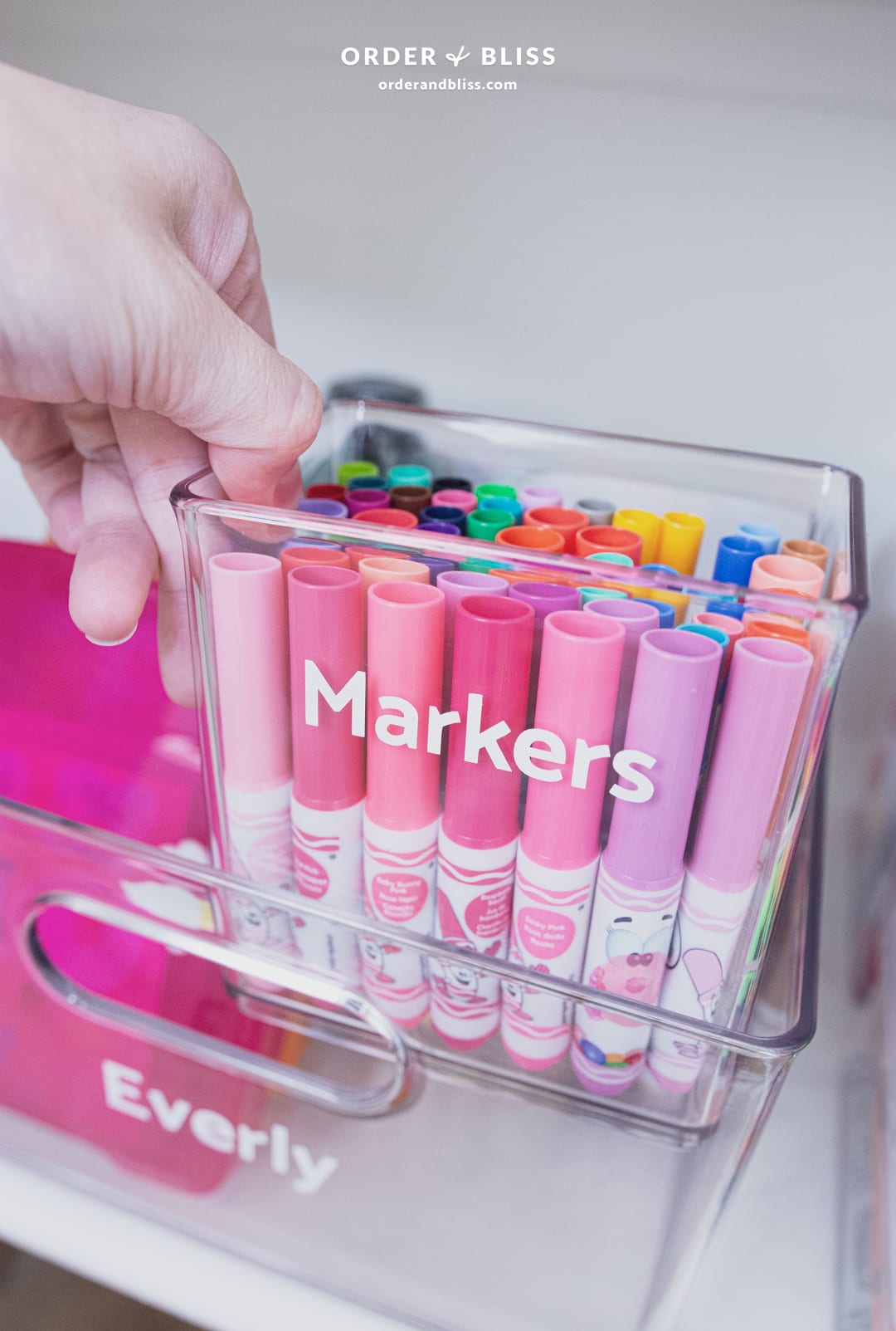 Crayola markers in a clear organizing bin