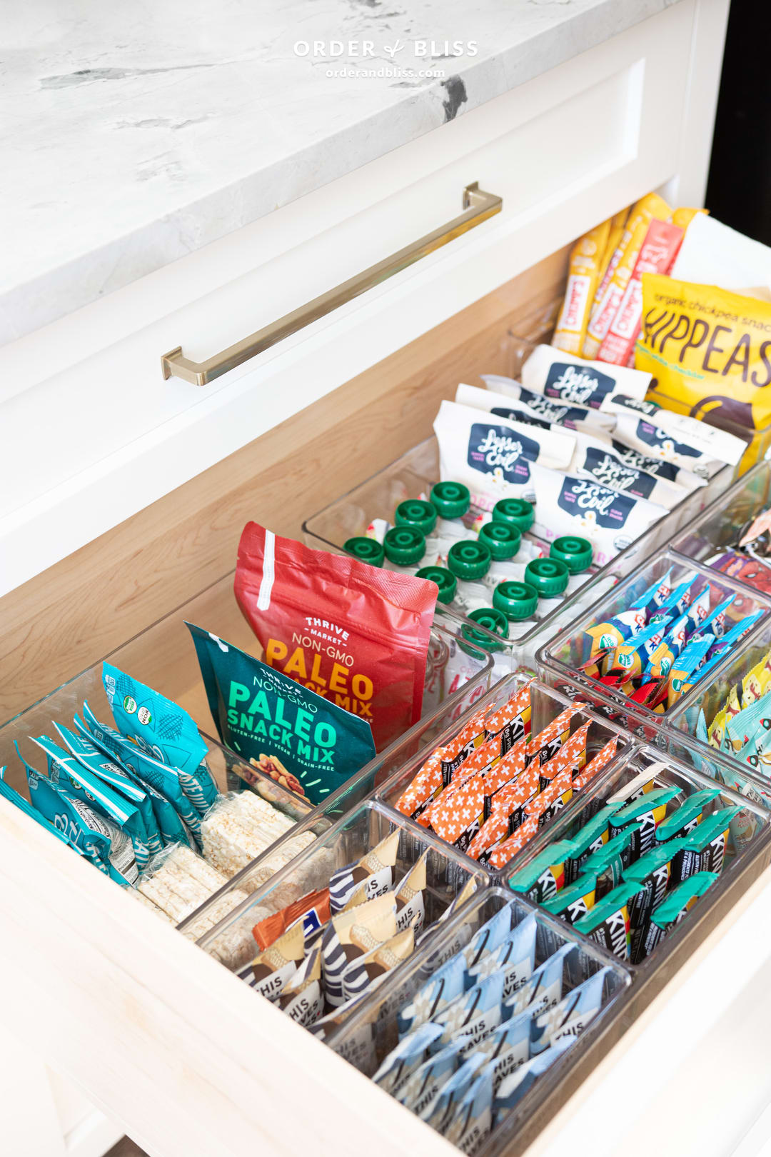 Snack drawers that accommodate EVERY craving These drawers are deep and  so we used deep drawer binz to take advantage of t…