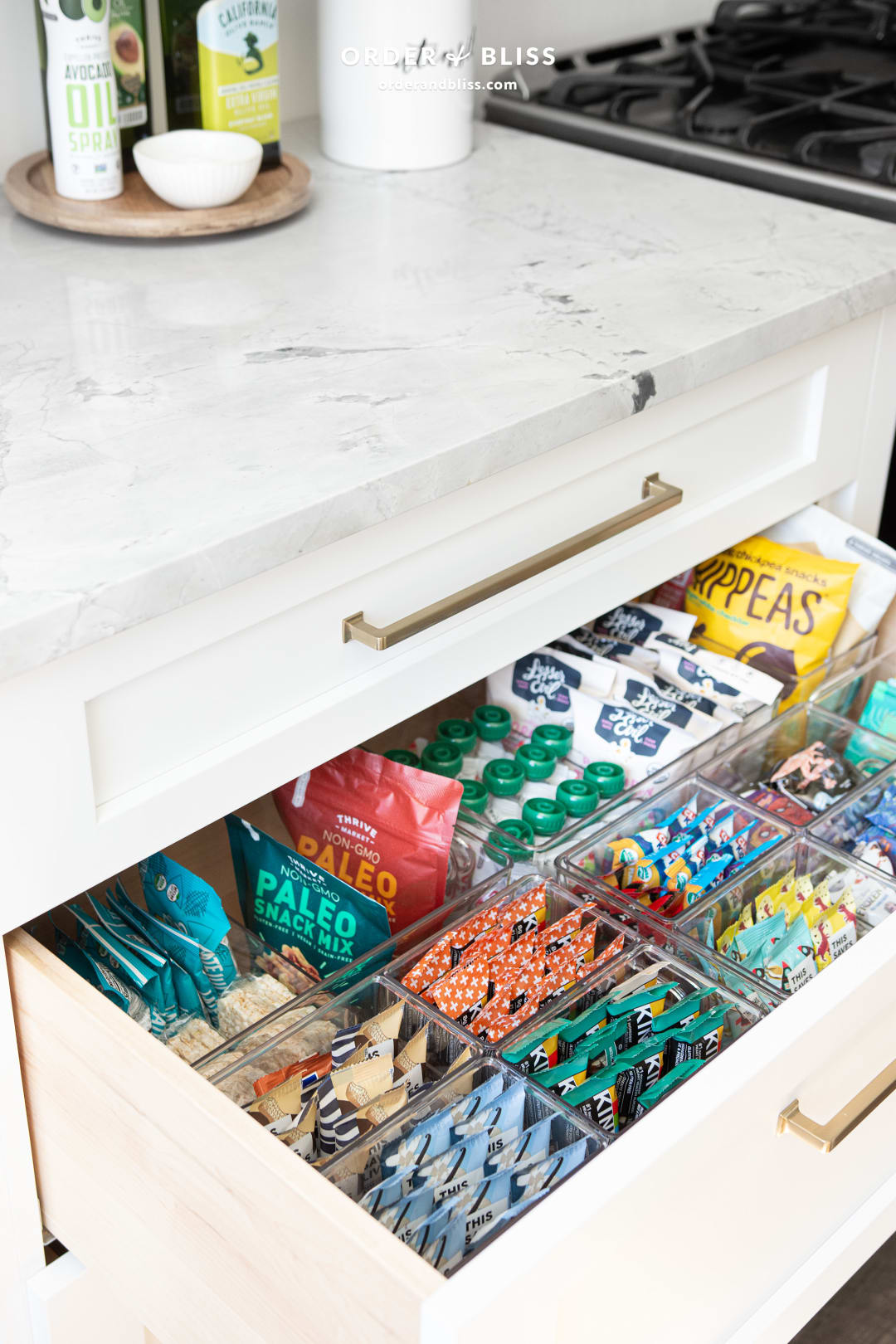 Snack drawers that accommodate EVERY craving These drawers are deep and  so we used deep drawer binz to take advantage of t…