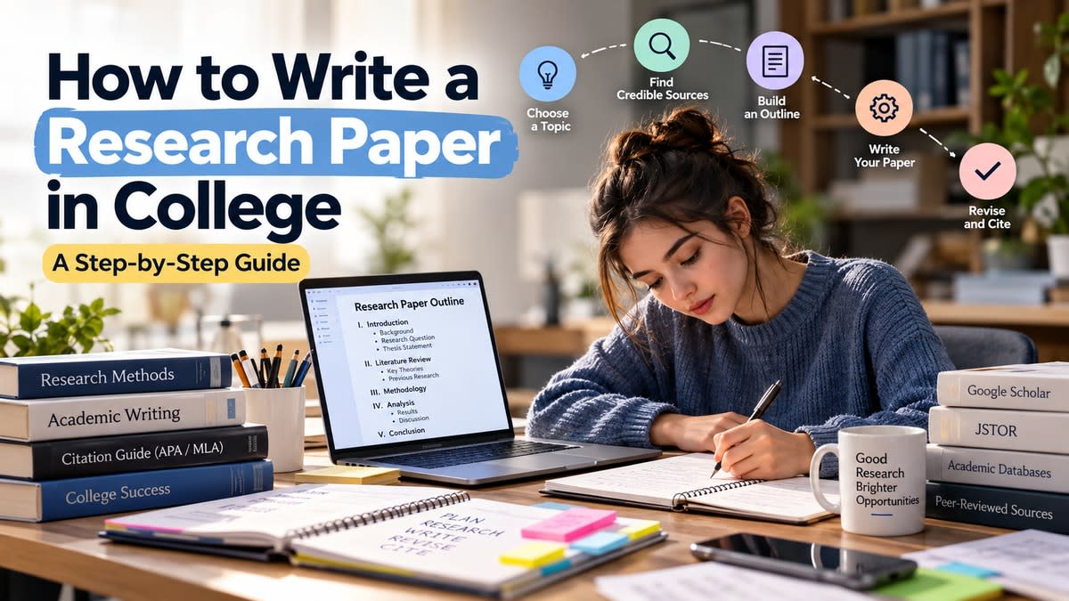 College student writing a research paper at a desk with a laptop, academic books, research notes, an outline, citation guide