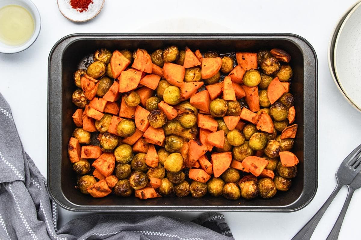 Easy Crisp-Tender Roasted Brussels Sprouts With Sweet Potatoes