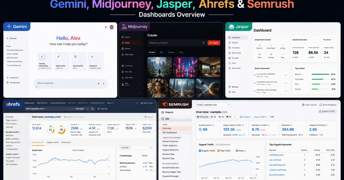 Gemini, Midjourney, Jasper, Ahrefs & Semrush