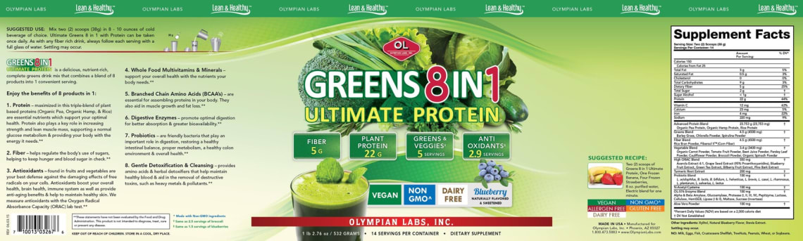 Greens 8 in 1 Ultimate Protein Blueberry from OL Olympian Labs Incorporated