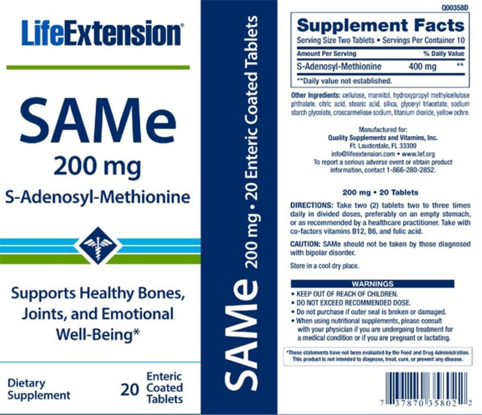 SAMe 200 mg S-Adenosyl-Methionine from Life Extension
