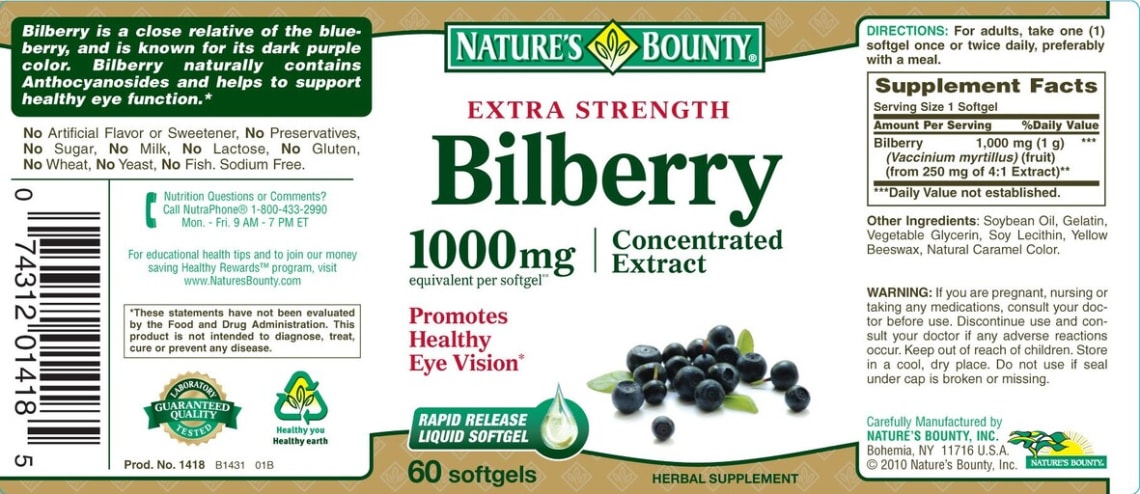 Extra Strength Bilberry 1000 mg from Nature's Bounty