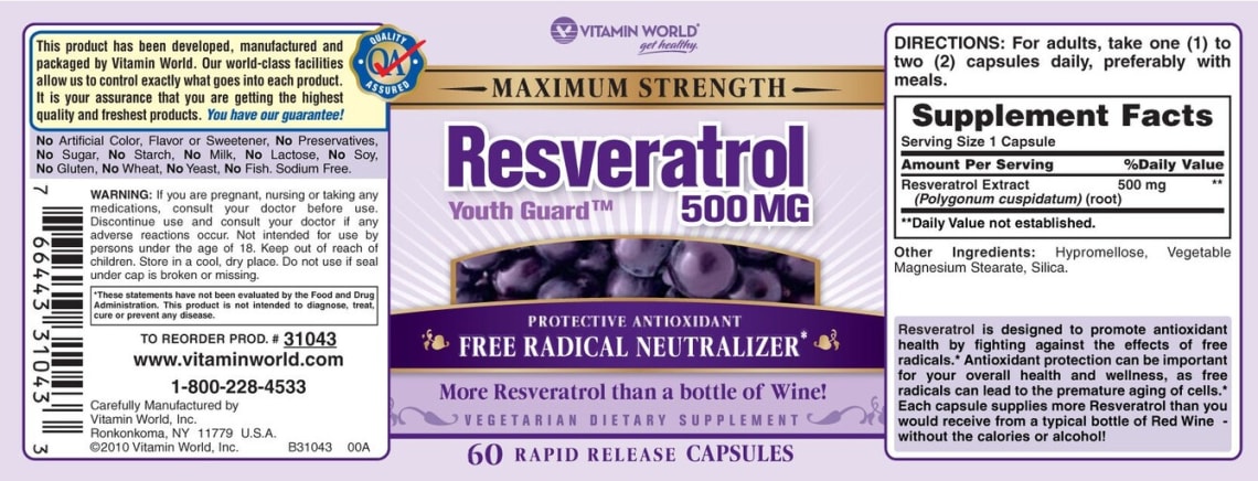 Maximum Strength Resveratrol Youth Guard 500 mg from Vitamin World