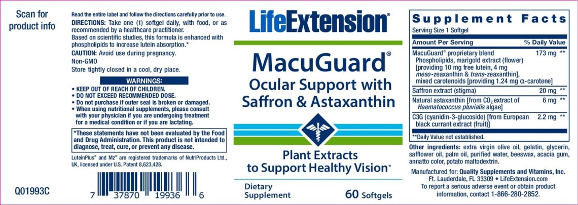 MacuGuard Ocular Support with Saffron & Astaxanthin from Life Extension