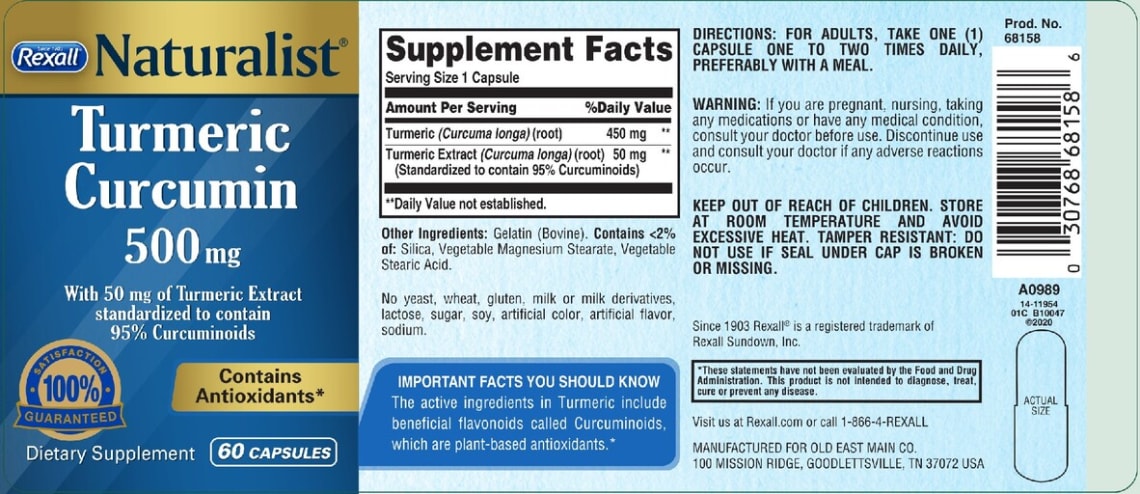Turmeric Curcumin 500 mg from Rexall Naturalist