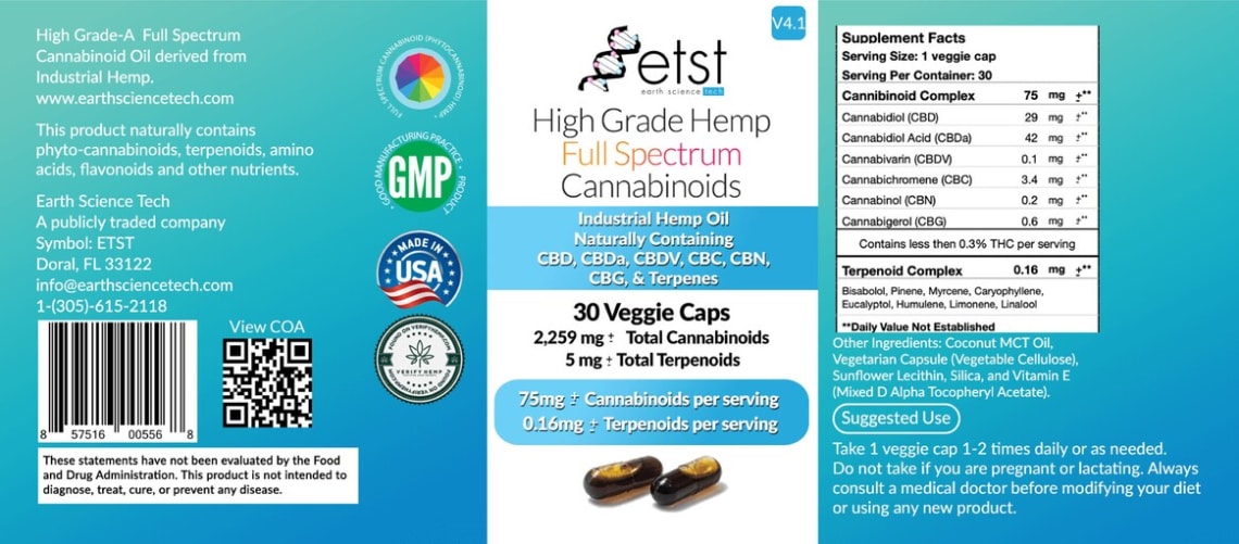 High Grade Hemp Full Spectrum Cannabinoids Veggie Caps from etst Earth Science Tech