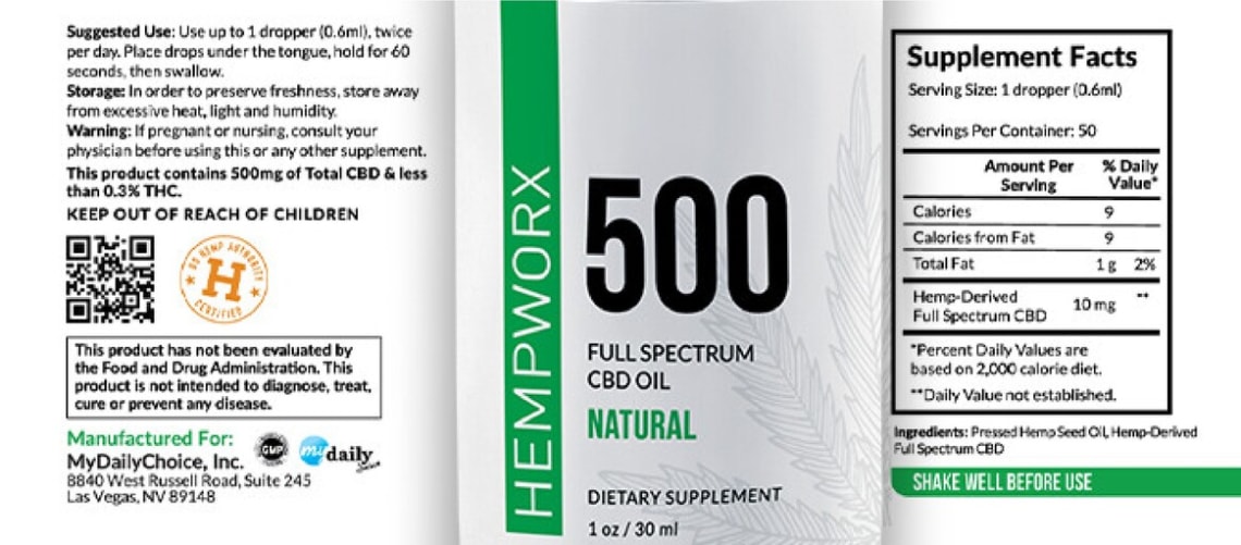 500 Full Spectrum CBD Oil Natural from HempWorx