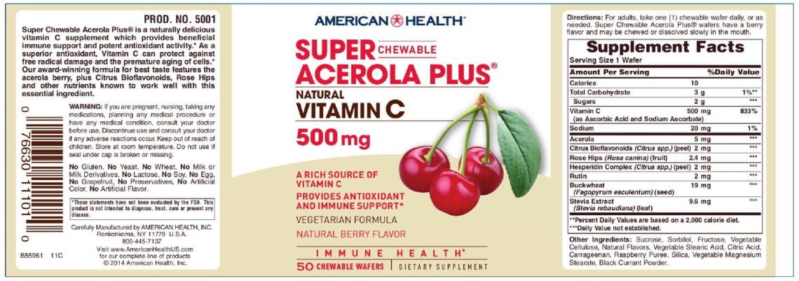 Super Chewable Acerola Plus Natural Vitamin C 500 mg Natural Berry Flavor from American Health