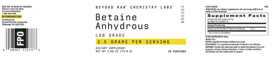 Betaine Anhydrous 2.5 grams from GNC Beyond Raw Chemistry Labs
