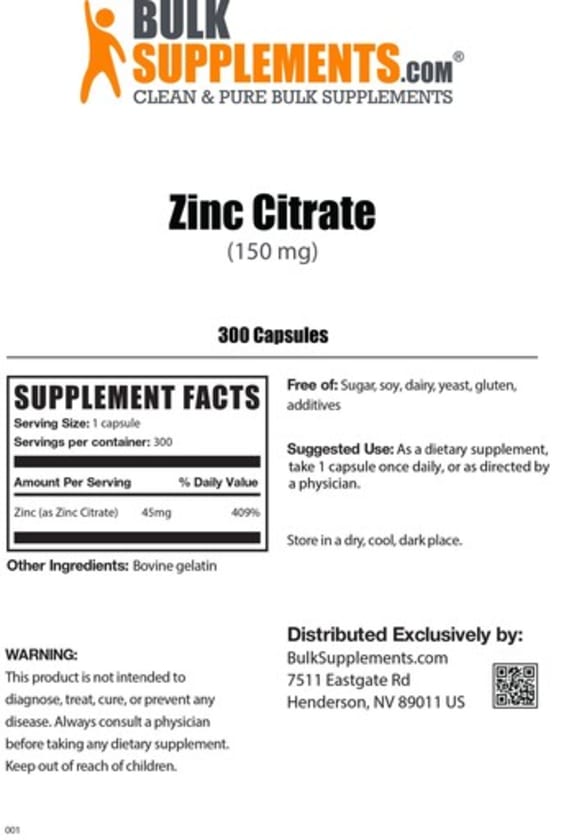 Zinc Citrate (150 mg) from Bulk Supplements