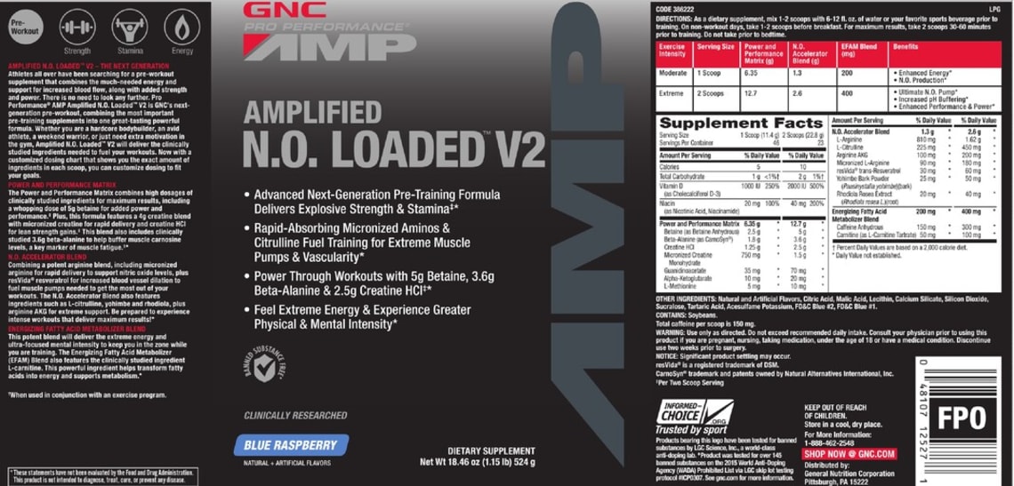 Amplified N.O. Loaded V2 Blue Raspberry from GNC Pro Performance AMP