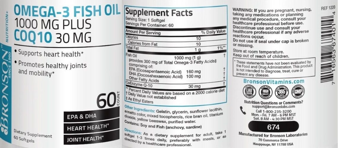 Omega-3 Fish Oil 1000 mg Plus CoQ10 30 mg from Bronson Laboratories