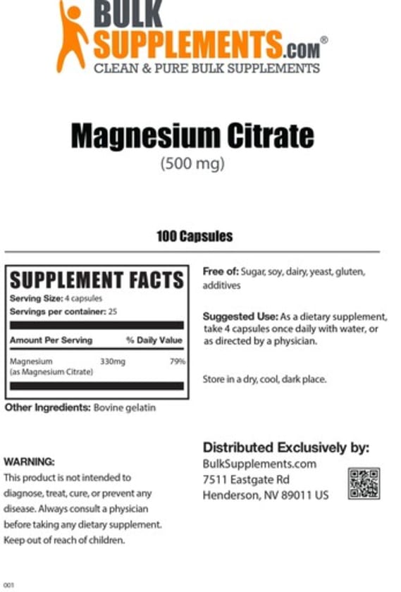 Magnesium Citrate (500 mg) from Bulk Supplements