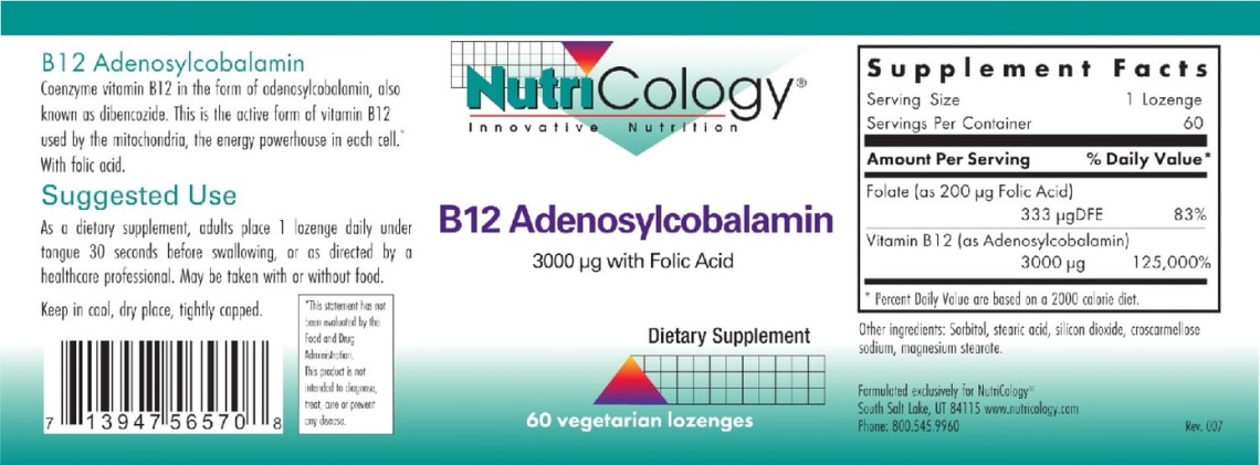 B12 Adenosylcobalamin 3000 mcg with Folic Acid from NutriCology