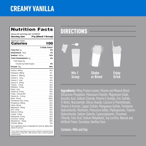 Zero Carb Whey Protein Isolate Powder (Creamy Vanilla)