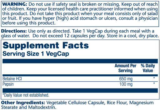 High Potency Betaine HCl with Pepsin 650 mg
